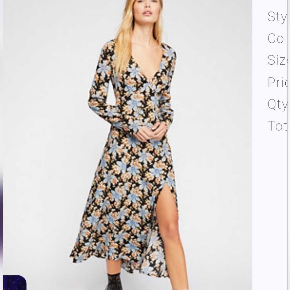 Free People Blue and Brown One Shoulder Bishop Sleeve Dress